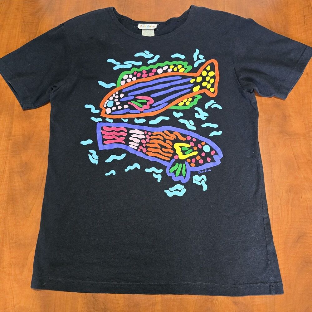 Ken Done Vintage 80s Art To Wear Round Neck Shoulder Pad Short Sleeve Tee M